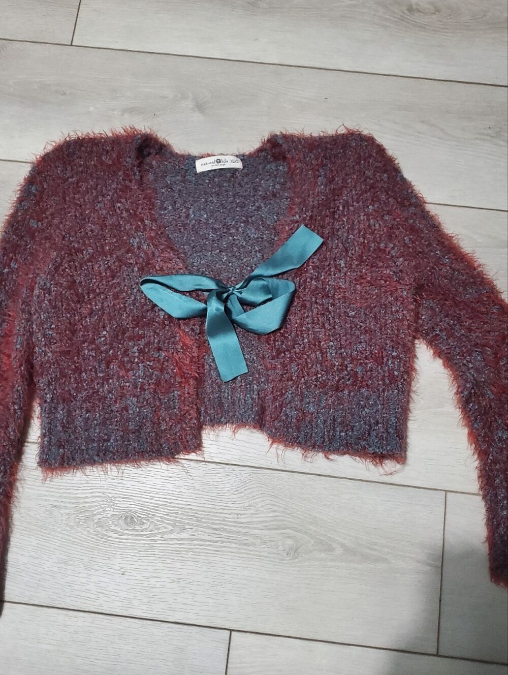 Natural Life Marled Red/Blue Eyelash Knit Cropped Bow Cardigan XS/S Boho Indie